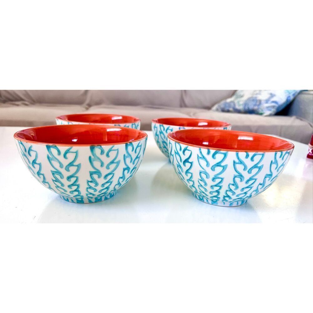 BAUM TANGIER 4- Soup Bowls Turqoise Orange Stoneware Dinnerware Discontinued